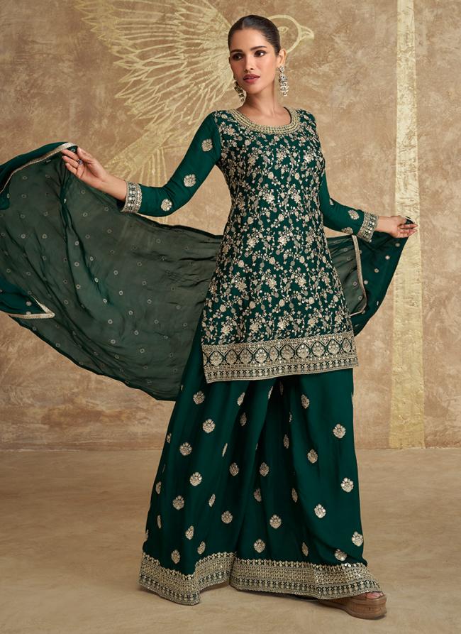 Chinnon Silk Green Wedding Wear Embroidery Work Readymade Plazzo Suit